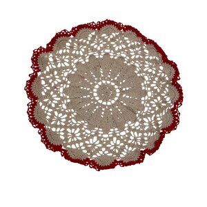 Handmade Crochet Doily Beige Center With Red Edging 11" Round Tabletop Decor